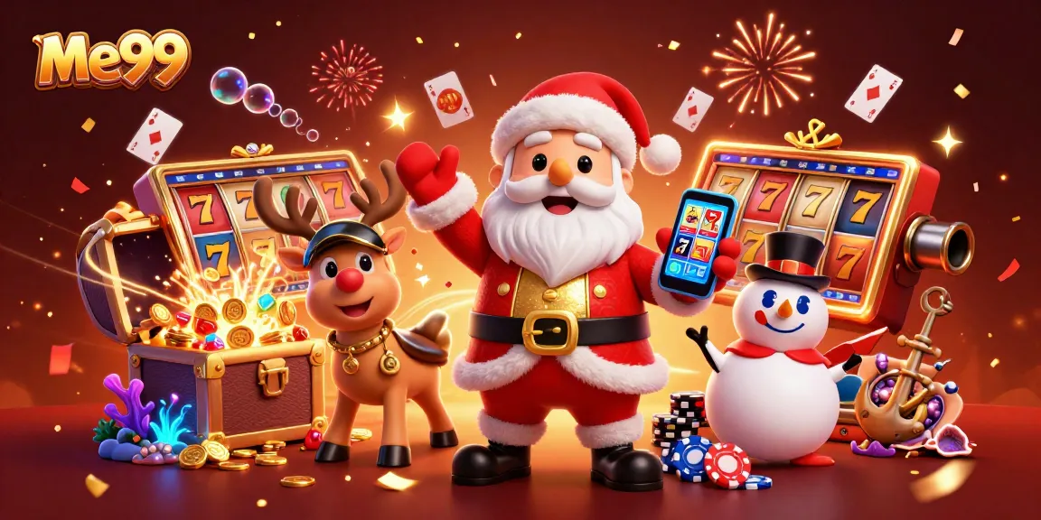 Win big at me99 with a festive 3D casino illustration showcasing dynamic characters and gaming elements.