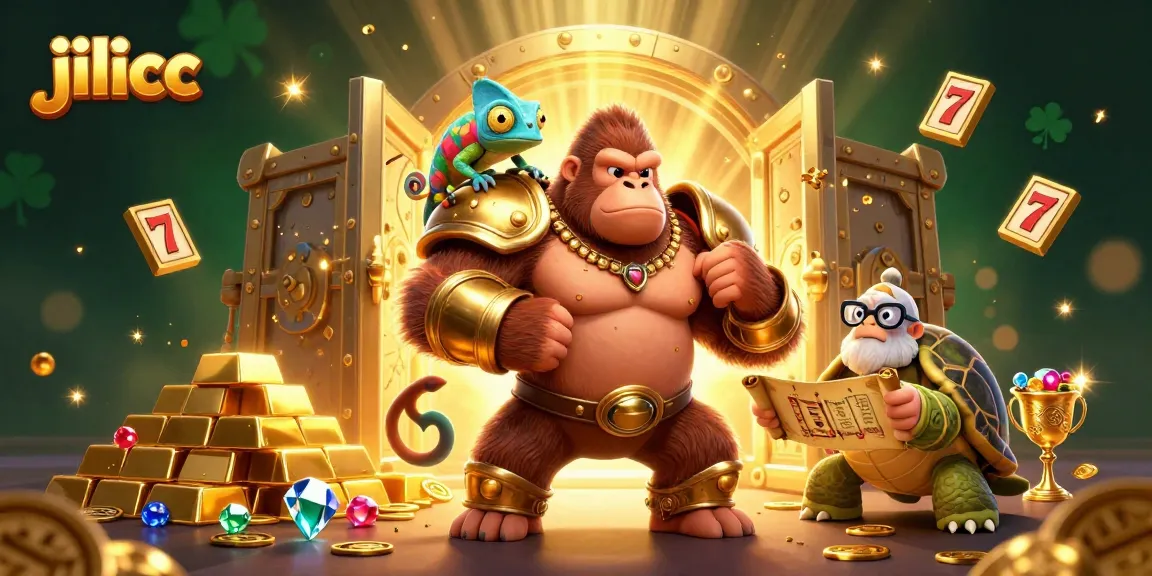 Experience thrilling moments at jilicc with a majestic gorilla king, chameleon, and tortoise on an exciting gaming adventure.