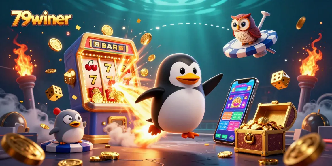 Win big at 79winer with a vibrant 3D casino scene featuring coins, slot machines, and a golden penguin.