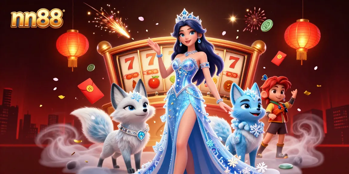 nn88 captivates with a stunning casino scene featuring slot reels, an ice queen, and dynamic decorations.