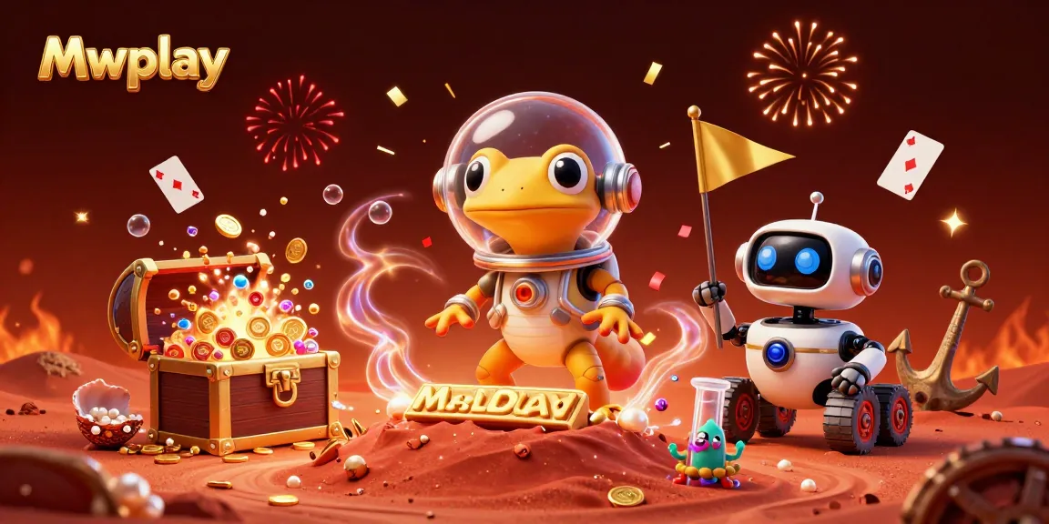Mwplay showcases a vibrant Martian gecko discovering a golden casino with thrilling game elements in a colorful scene.