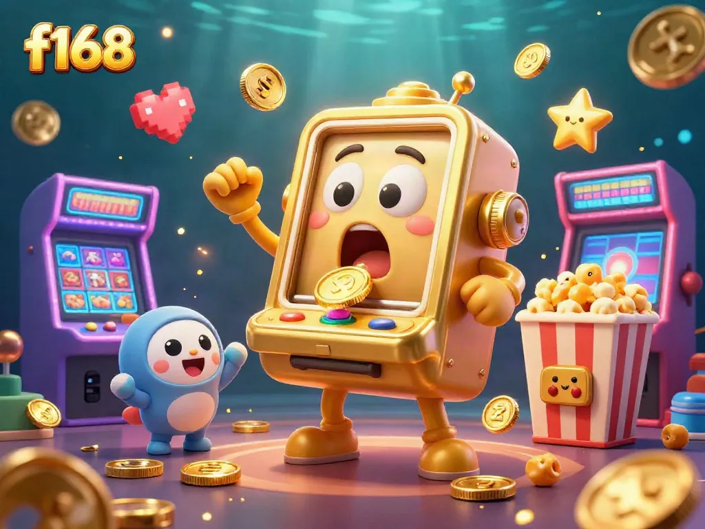 Engage with f168's thrilling jackpot moments featuring a cartoon slot machine and colorful gaming elements.