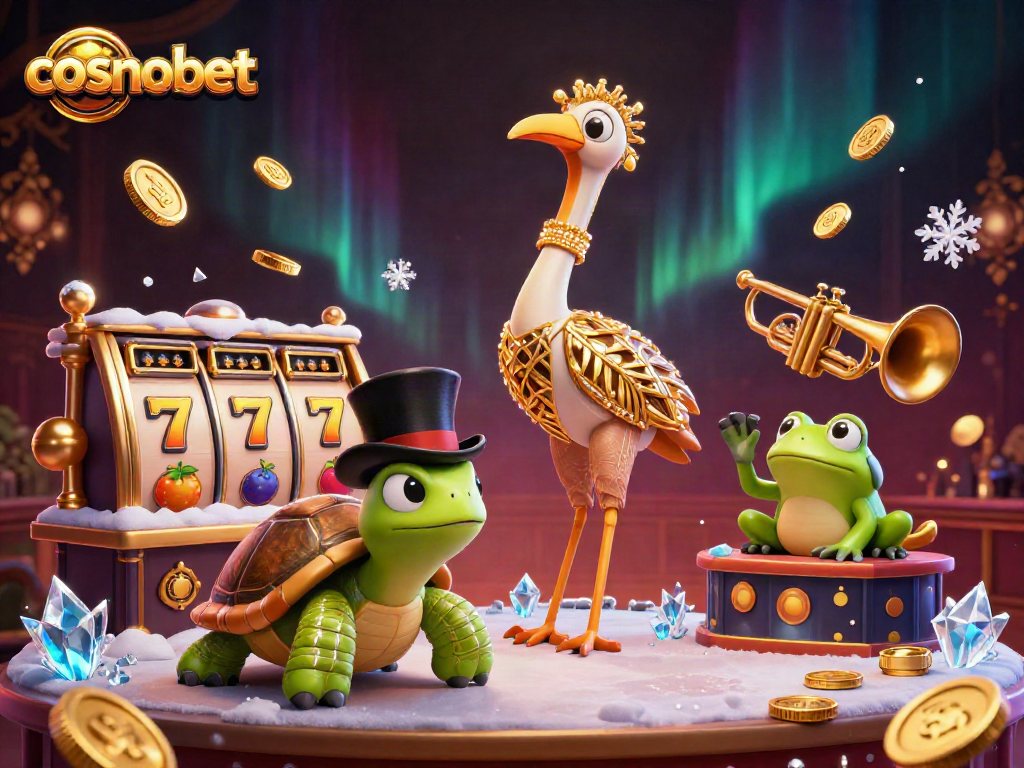 Experience cosmobet's exciting slots in a vibrant 3D casino scene featuring dynamic characters.