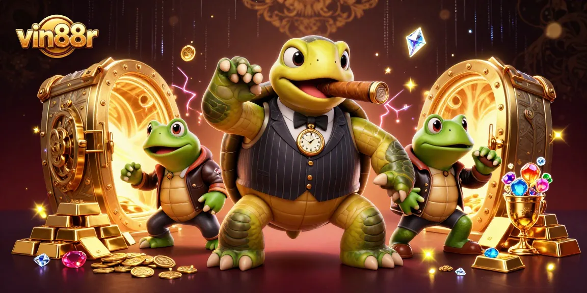 vin88r showcases a vibrant casino scene with a cartoon turtle mobster, bullfrog enforcers, and treasures.