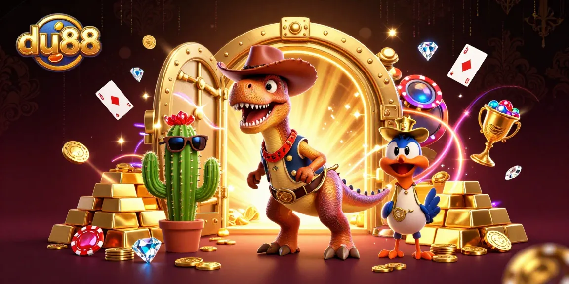 Experience the excitement of du88 casino games with a lively T-Rex dinosaur, poker elements, and gold treasures.