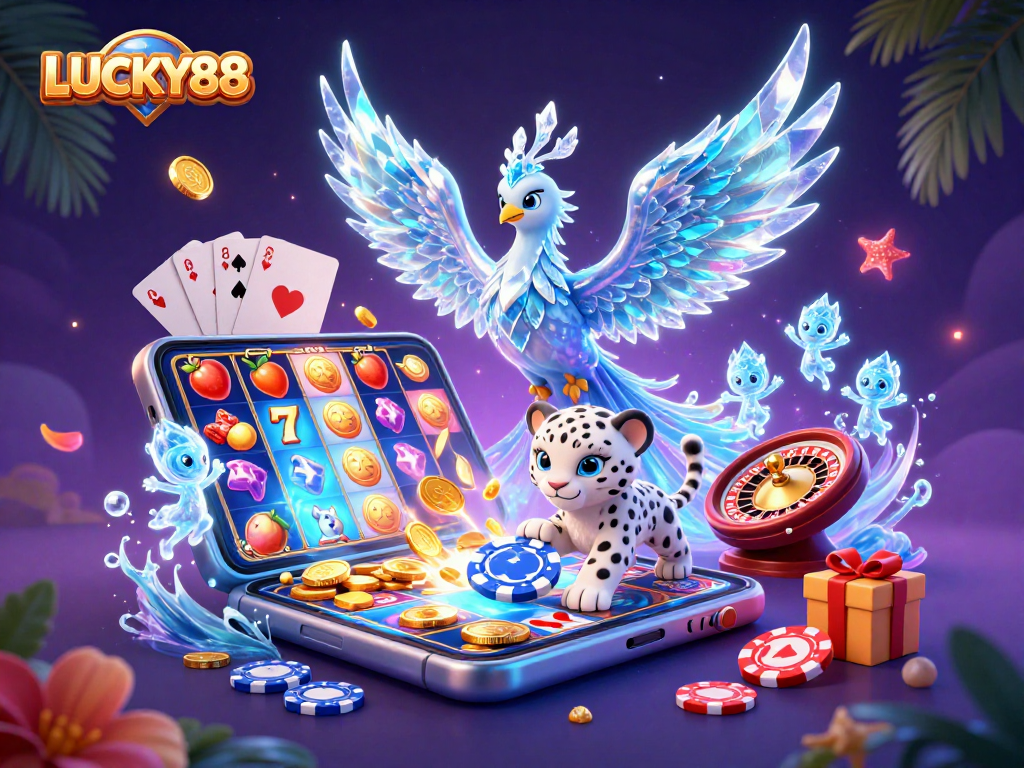 LUCKY88 showcases an ice phoenix and snow leopard in a vibrant casino realm filled with slot games and poker chips.