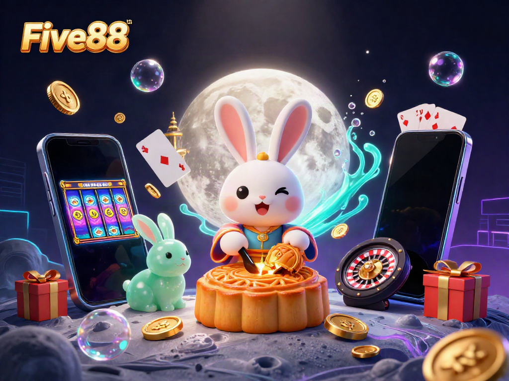 Experience thrilling gaming with Five88 as a moon rabbit reveals poker chips from mooncakes amidst vibrant casino elements.