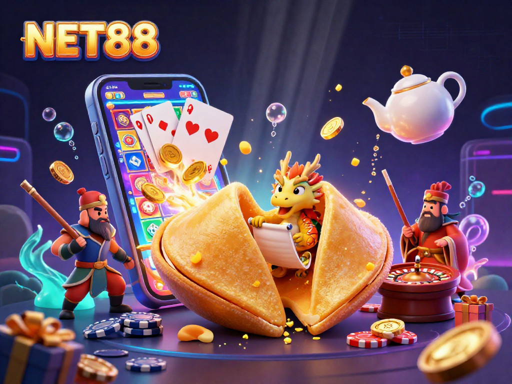 Engage with NET88's dynamic gaming world featuring a golden fortune cookie and vibrant slot gameplay.