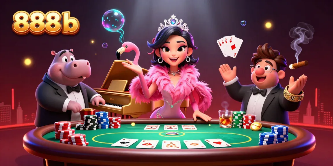 Experience the excitement of 888b: lively casino scene with a flamingo singer and hippo bassist.