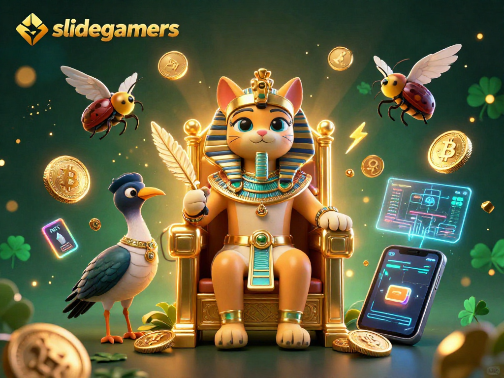 Engage in exciting gameplay at slidegamers with a vibrant illustration of Egyptian pharaoh cat and crypto coins.