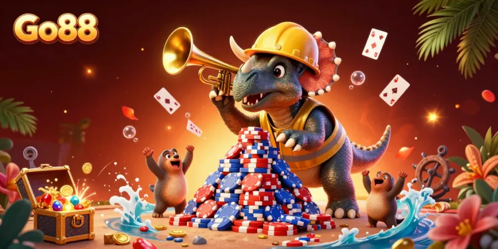 Go88's vibrant scene illustrates a cheerful Triceratops building poker chip pyramids, celebrating gaming.