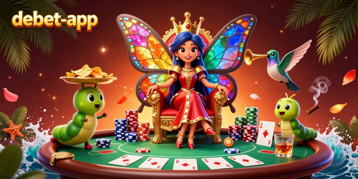 Engage in thrilling poker action with debet-app’s vibrant 3D casino scene showcasing a butterfly queen and vibrant game elements.