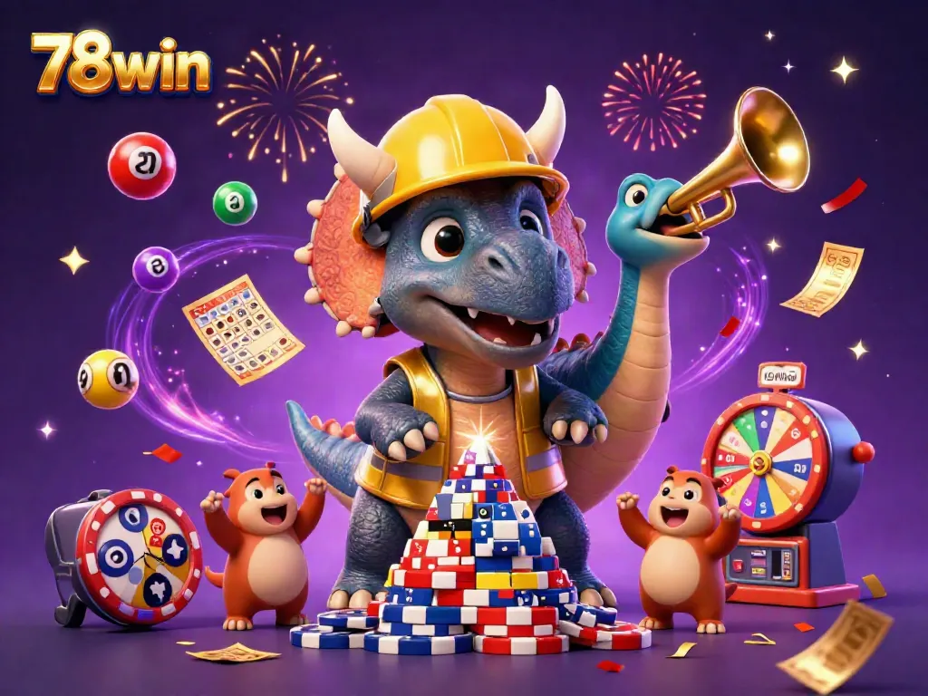 Experience the energetic celebration of winning with 78win as cartoon dinosaurs build poker chip pyramids.