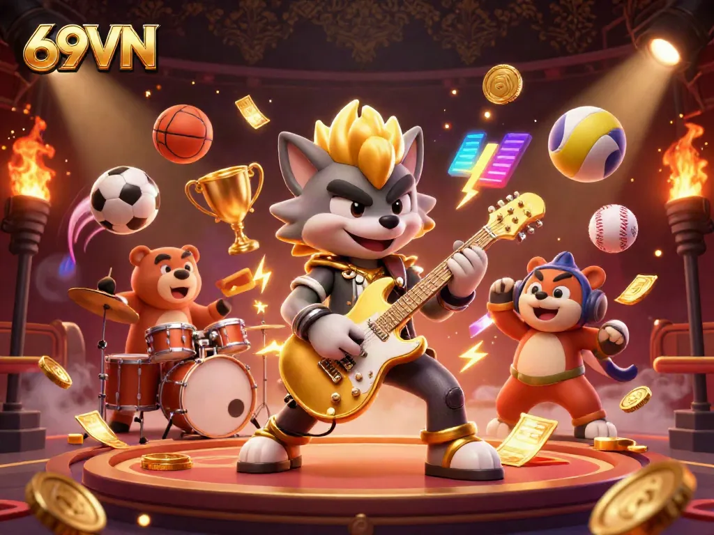 Experience the dynamic energy of 69VN with an electrifying casino scene featuring characters and sports themes.