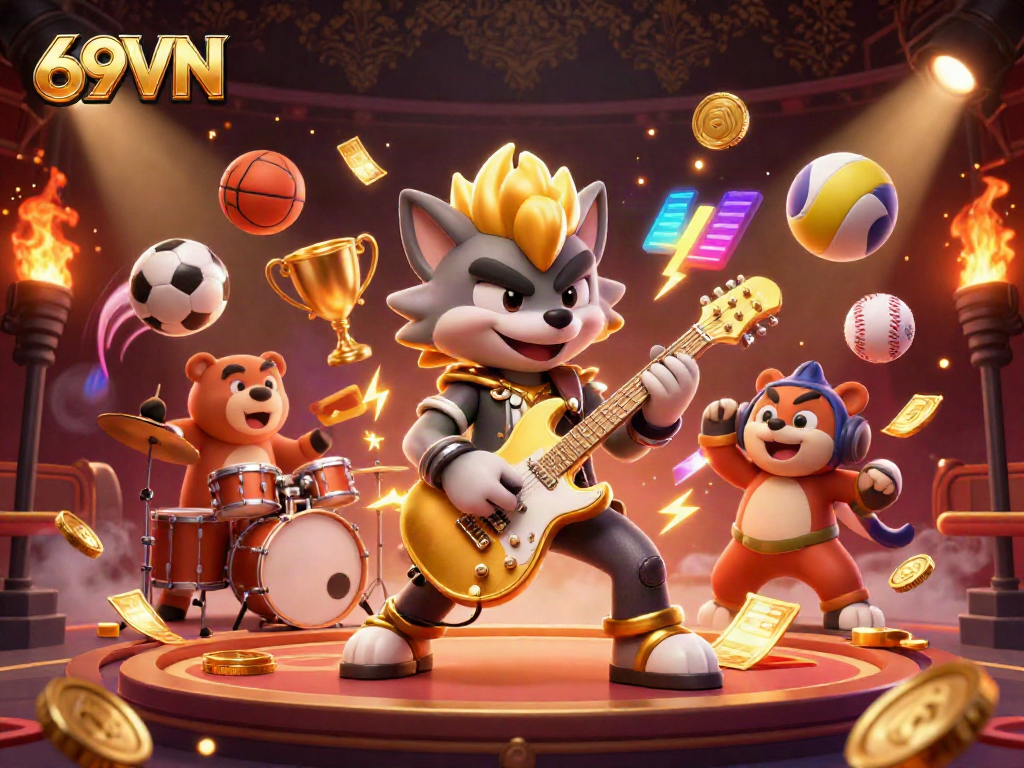 Experience the dynamic energy of 69VN with an electrifying casino scene featuring characters and sports themes.