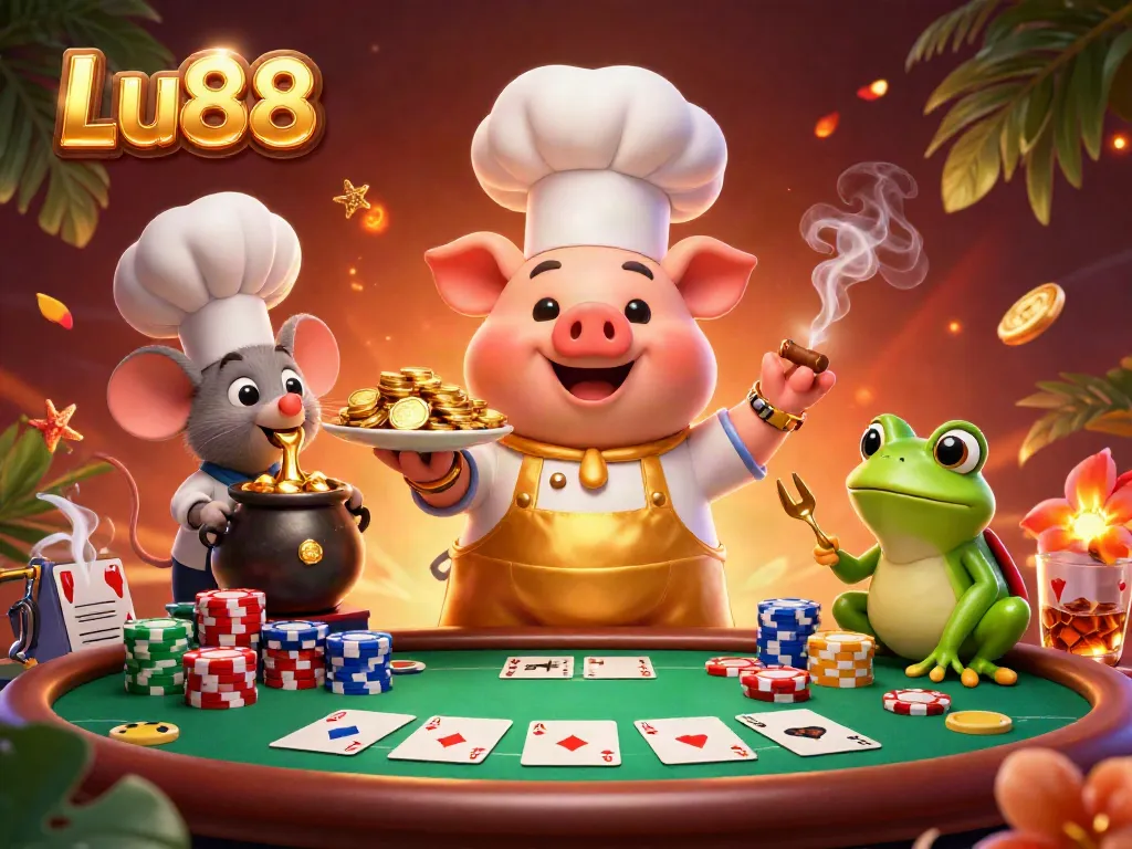 Engage with Lu88's vibrant casino atmosphere featuring chefs, gold coins, poker tables, and dynamic gaming elements.