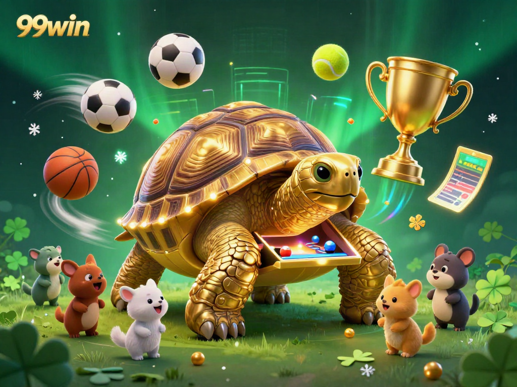 Exciting scene of 99win with a golden tortoise pinball machine and small animals enjoying dynamic betting games.