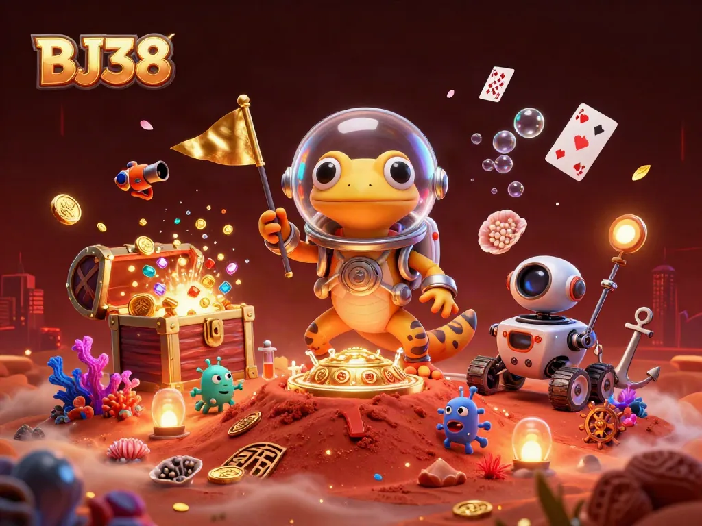 Engage in thrilling gameplay at BJ38, with golden casino treasures surrounded by vibrant alien festivities.