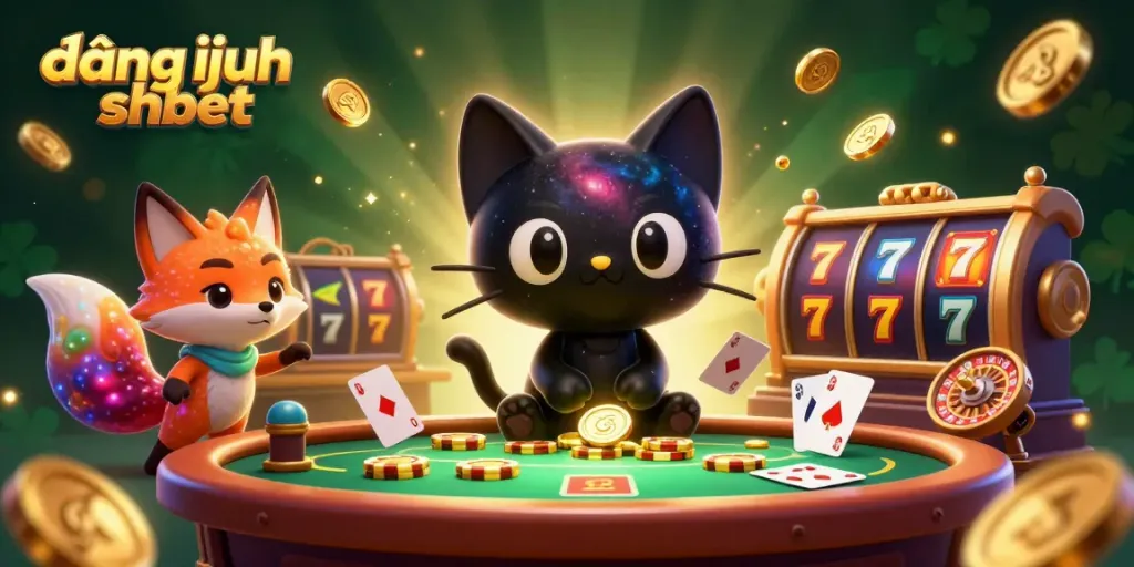 Playing at a cosmic casino with đăng nhập shbet, featuring a black hole cat and colorful fox, golden chips swirling.