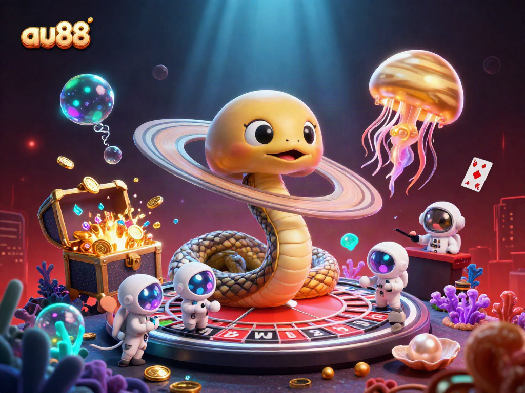 Experience the thrilling atmosphere of au88 with a 3D surreal cosmic casino scene filled with excitement and vivid imagery.