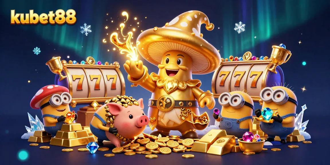 Engage in thrilling slot games with kubet88 as golden treasures burst forth in this dynamic illustration.