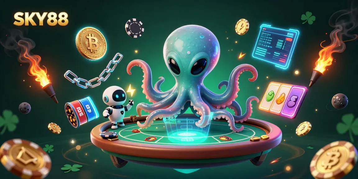 SKY88 players enjoy a thrilling holographic poker game amidst vibrant cosmic elements.