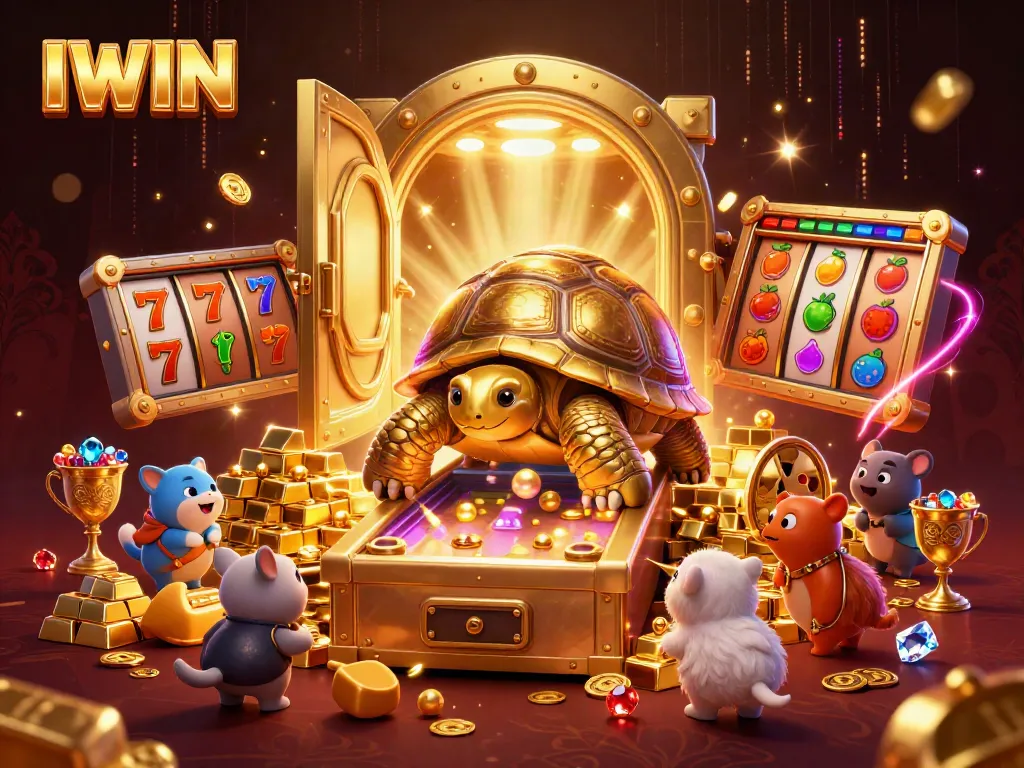 IWIN showcases a thrilling casino scene with a golden tortoise pinball machine and vibrant slot game elements.