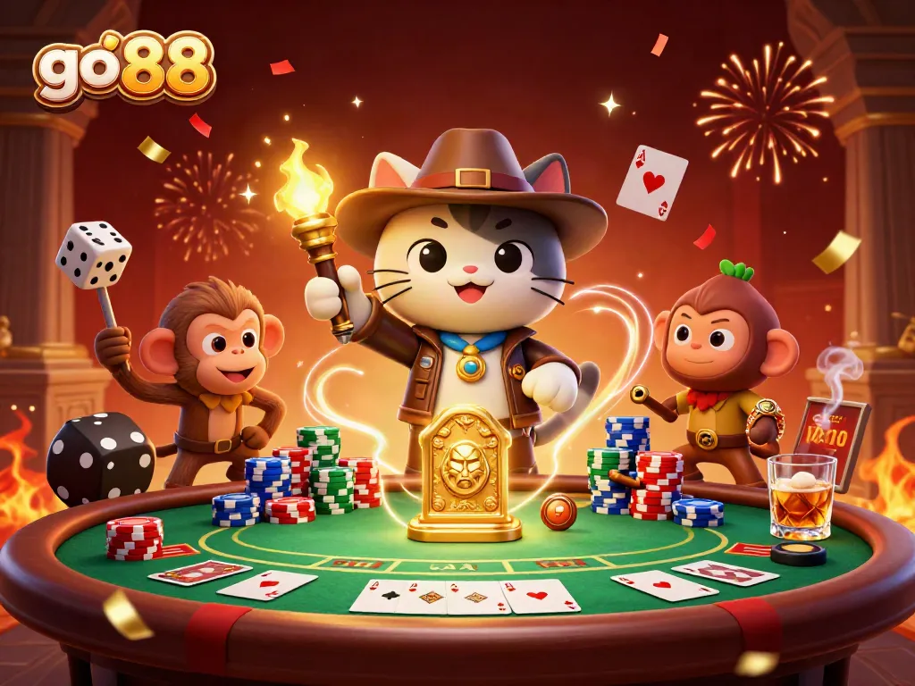 Engaging scene of go 88 featuring a cat archaeologist and monkey in a vibrant casino-themed temple.