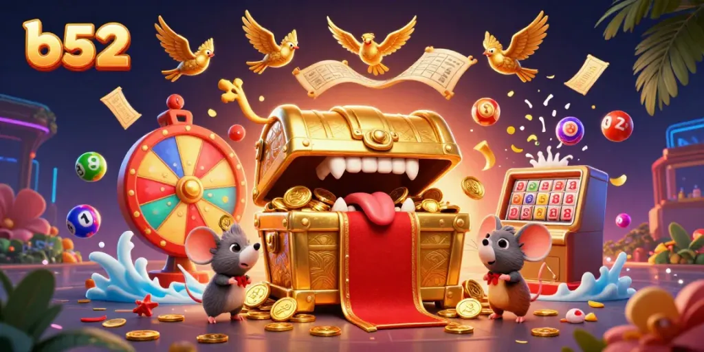 Engage with the exciting b52 casino world, visualizing a gold treasure chest and vibrant lottery elements.