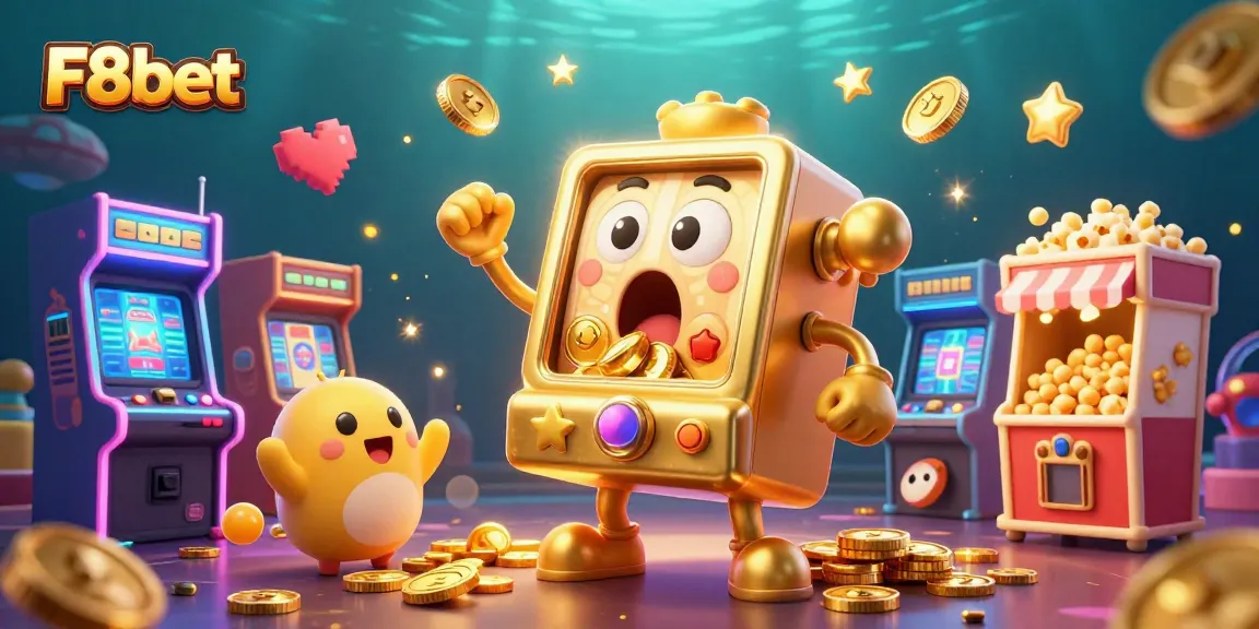 Experience the thrill of F8bet as slot machines celebrate a jackpot in vibrant 3D gaming art.