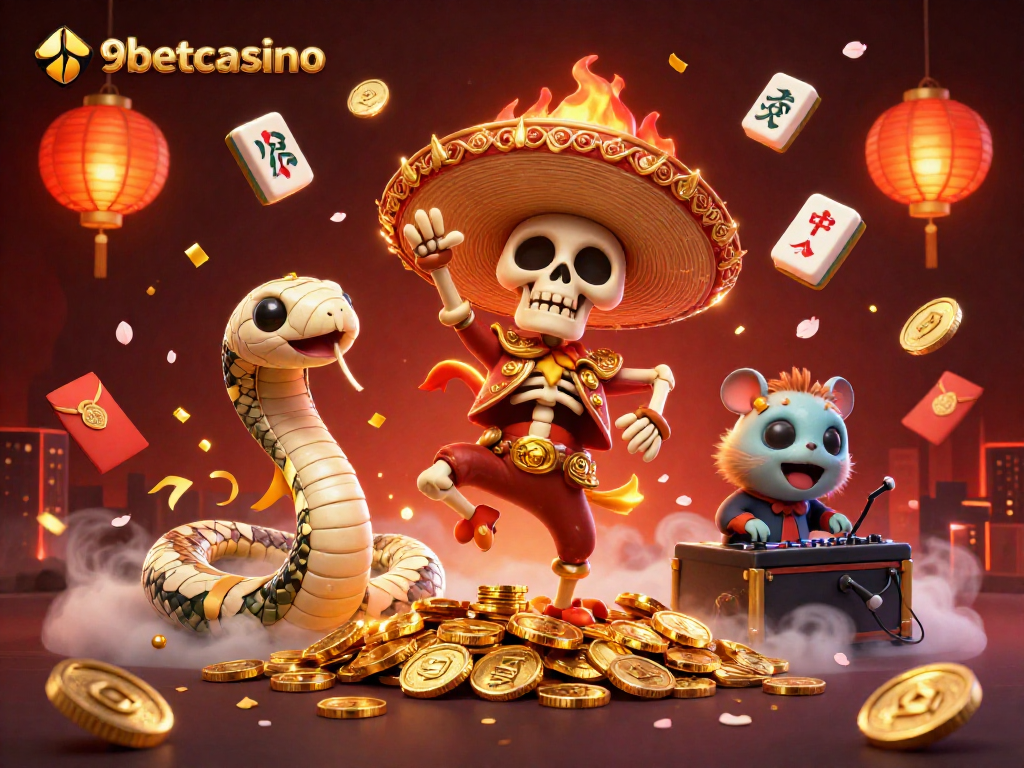 Experience the thrills of 9betcasino with joyful characters celebrating around festive gambling elements.