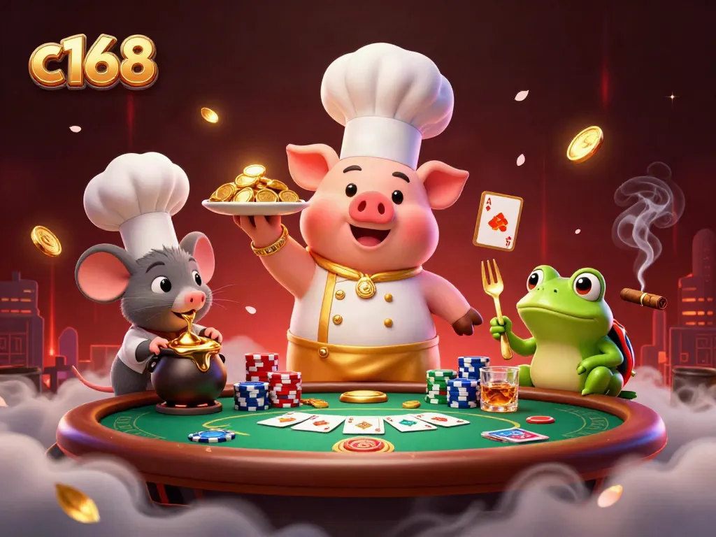 Experience the excitement of c168 with a pig chef serving gold coins amidst poker elements.