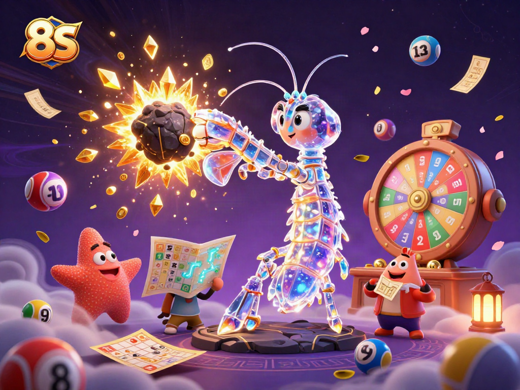 Experience thrilling excitement as the 8S mantis shrimp punches through an asteroid, surrounded by colorful gambling elements.