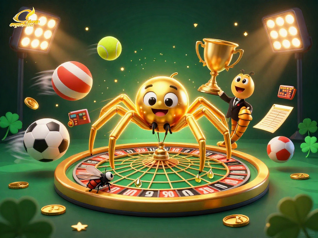 Experience excitement with caycanhphattai as a golden spider spins a roulette web amidst vibrant betting scenes.