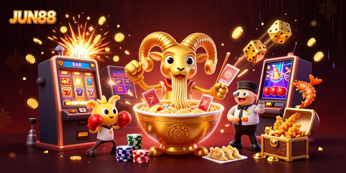 Engage with JUN88's thrilling casino experience featuring vibrant game characters and jackpot elements.