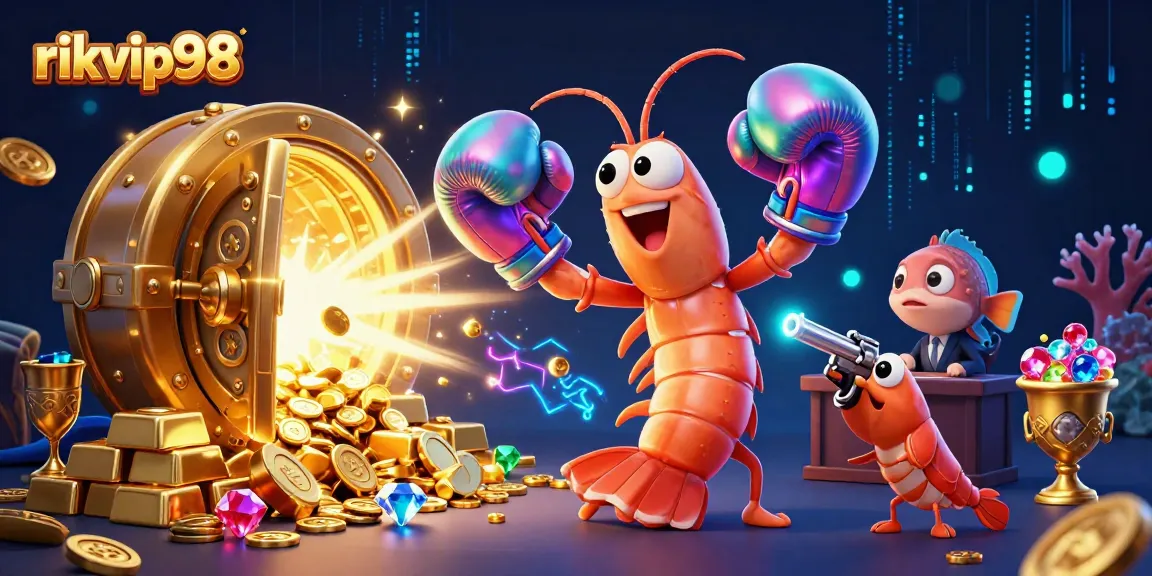 Experience the thrill of the game with rikvip98 as the cartoon shrimp spar for treasure in a vibrant online casino scene.