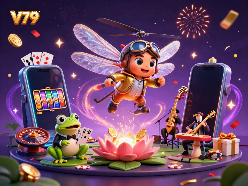 V79 casino scene showcasing a dragonfly pilot, frog dealer, and jazz musicians, enhancing gaming excitement.