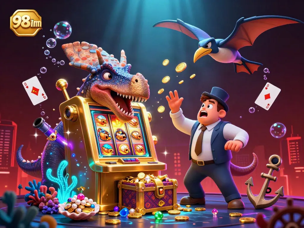 Experience the 98win excitement with a pachycephalosaurus hitting a jackpot slot machine surrounded by flying coins.