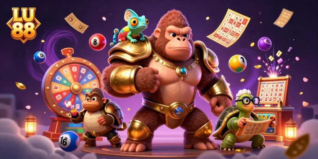Experience the excitement of LU 88 with a vibrant scene featuring lottery balls, a gorilla king, and a chameleon.