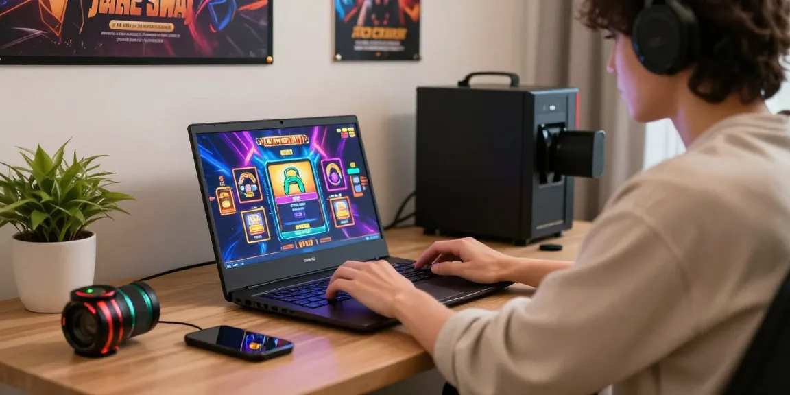 Exciting online gaming scene with a player engaging in loket88 slots, vibrant graphics illuminated on laptop.