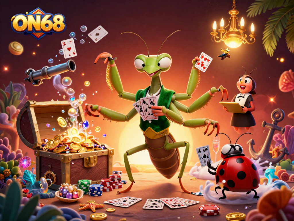 ON68 giant praying mantis dealer orchestrating a vibrant casino scene filled with gold and excitement.