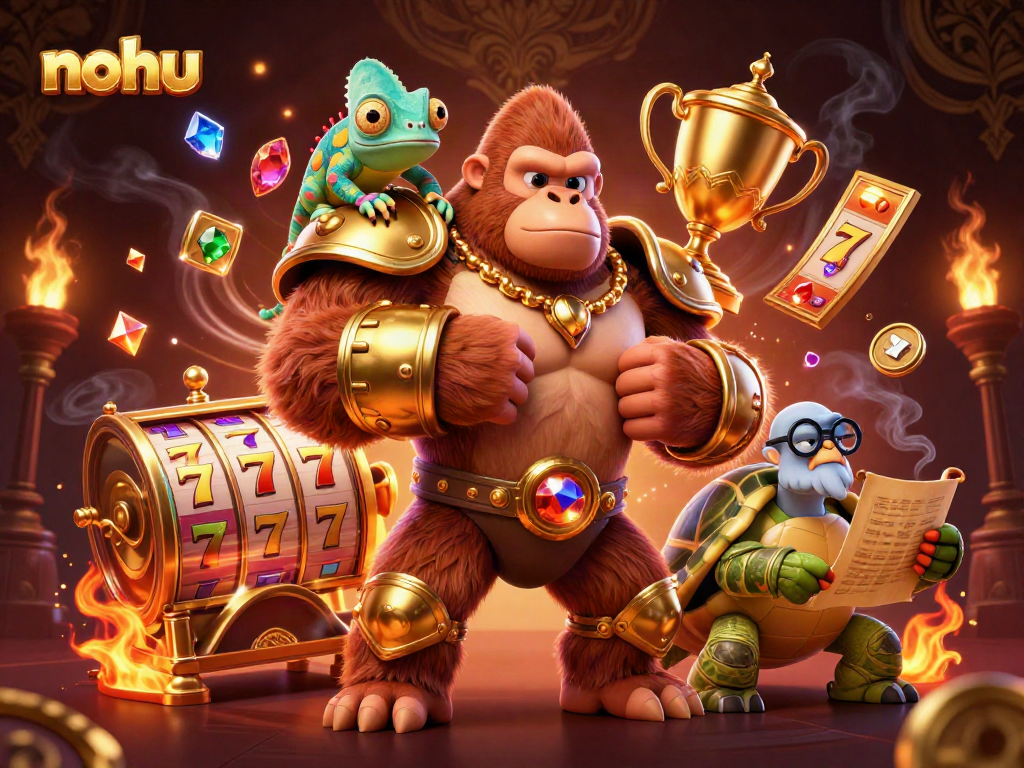 Engage in thrilling gameplay with the nohu experience featuring dynamic slot reels, a golden gorilla king, and gambling elements.