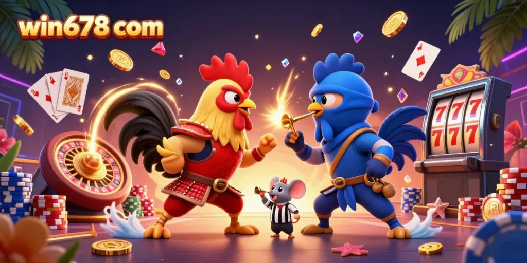 Experience the thrill of win678 com with a dynamic scene featuring fighting roosters, cascading coins, and vibrant casino elements.