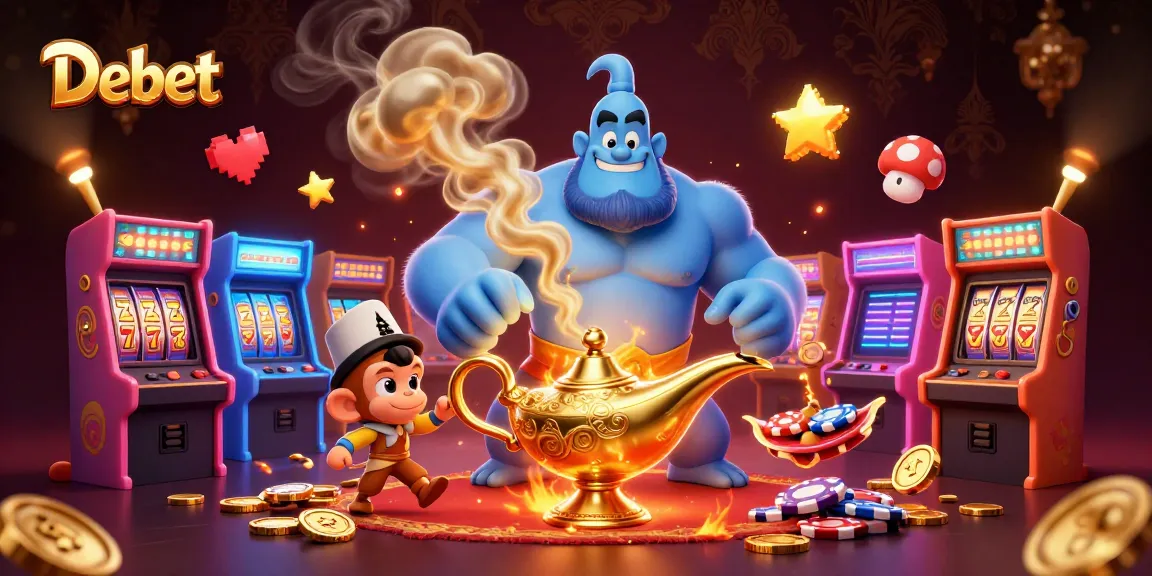 Engage with Debet's vibrant casino atmosphere through this cartoon scene featuring a genie, colorful slot machines, and fun gaming elements.
