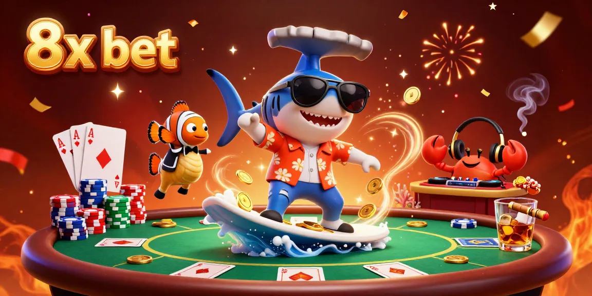 Join the exhilarating world of 8x bet with a shark surfing on gold coins and poker action!