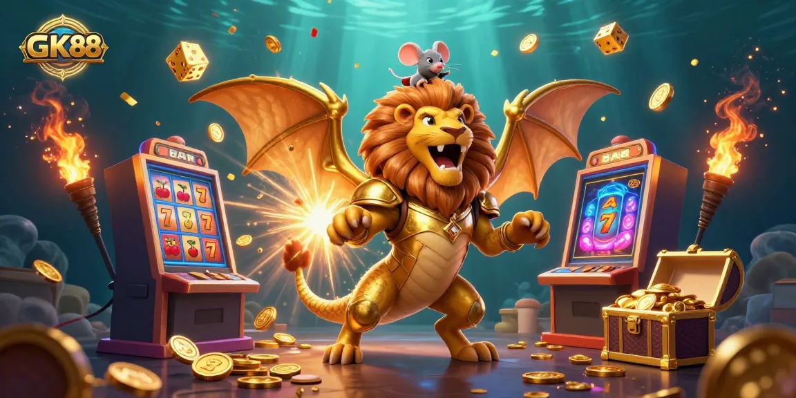 Experience the GK88 jackpot action with a vibrant chimera roaring amidst a casino explosion of wins.