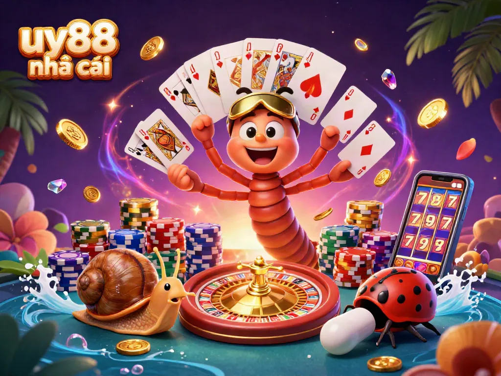 Engage with uy88 nhà cái featuring vibrant characters and casino elements in a dynamic 3D scene.