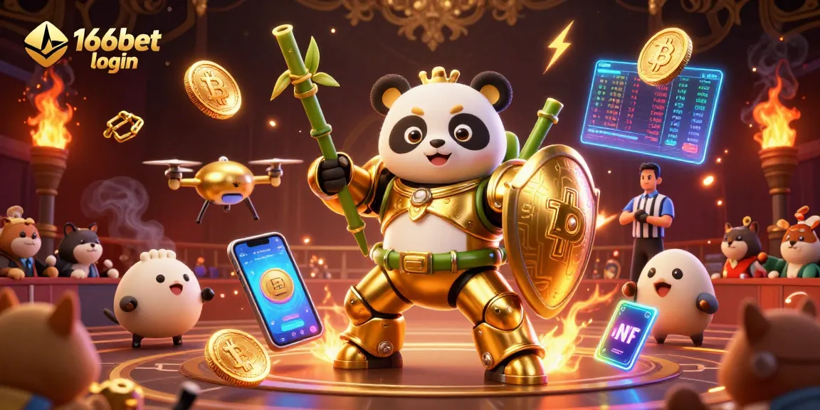 Engage with the 166bet login experience, showcasing dynamic gameplay and crypto symbols in a vibrant 3D scene.