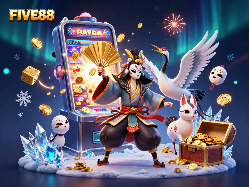 Engage in thrilling gambling at FIVE88 with kabuki warrior and kitsune, amidst vibrant casino elements.
