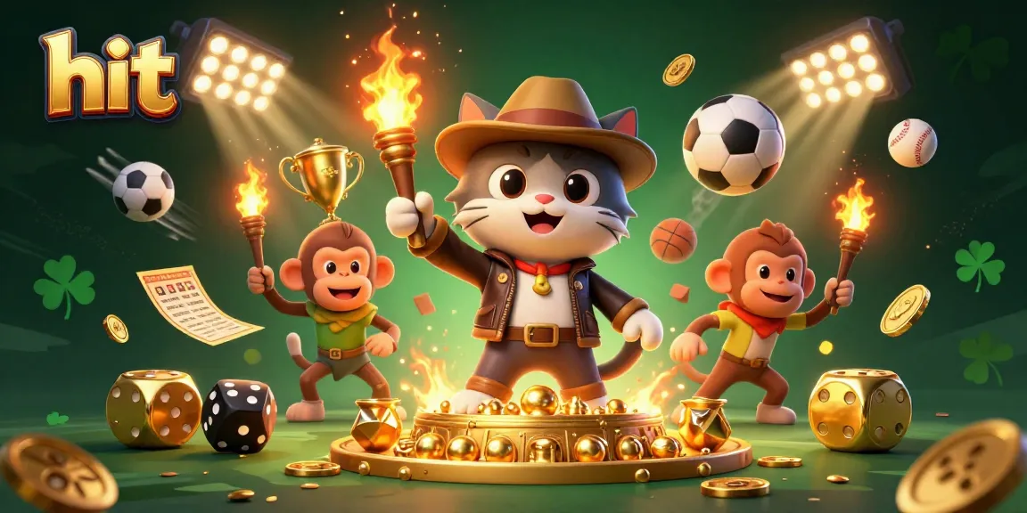 Engage with hit strategies in this vibrant 3D scene showcasing a cartoon explorer cat, discovering casino treasures among dynamic sports elements.